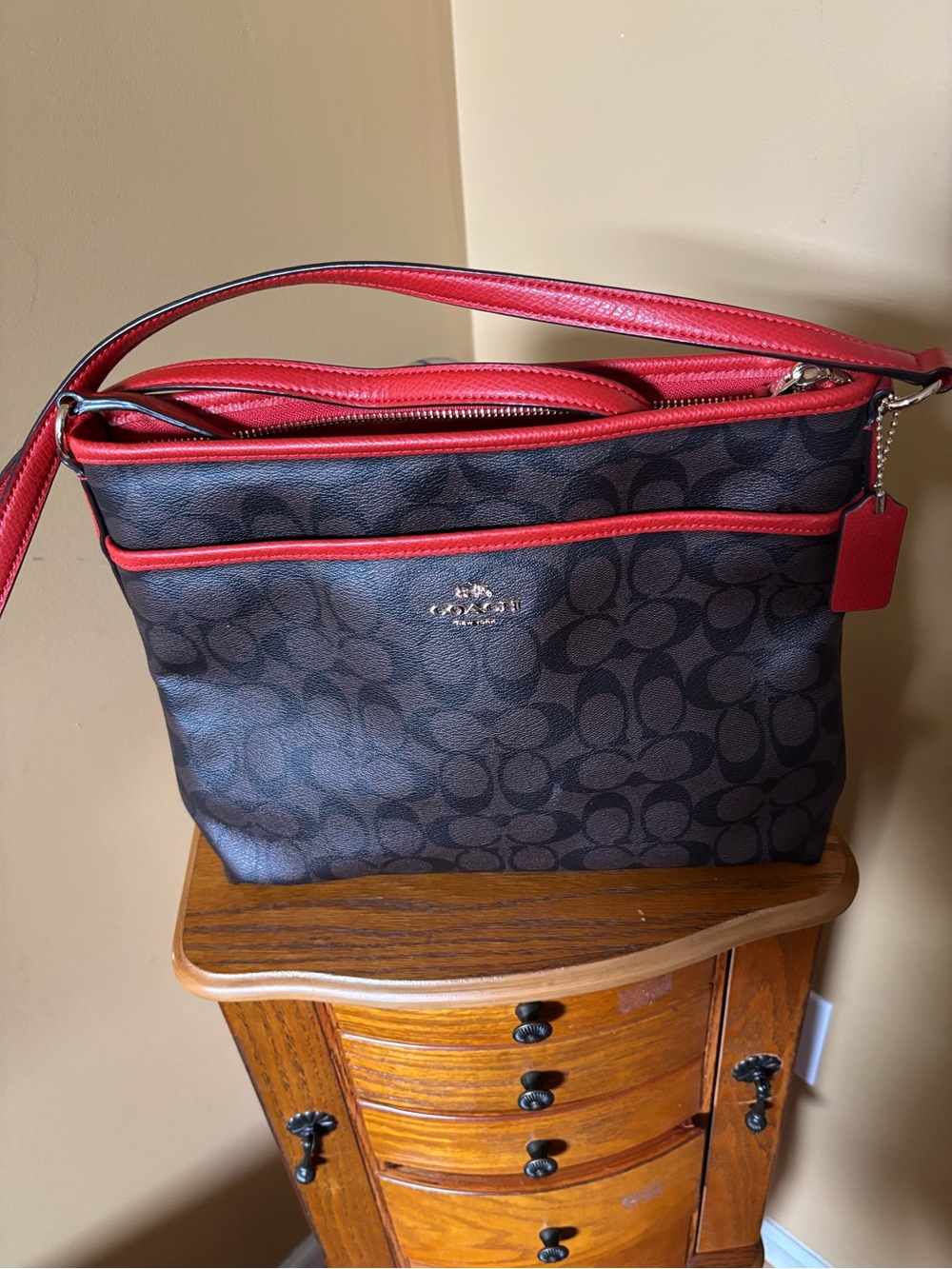 Coach Dark Brown Signature Canvas Shoulder Bag with Dark Orange Trim - Picture 2 of 16